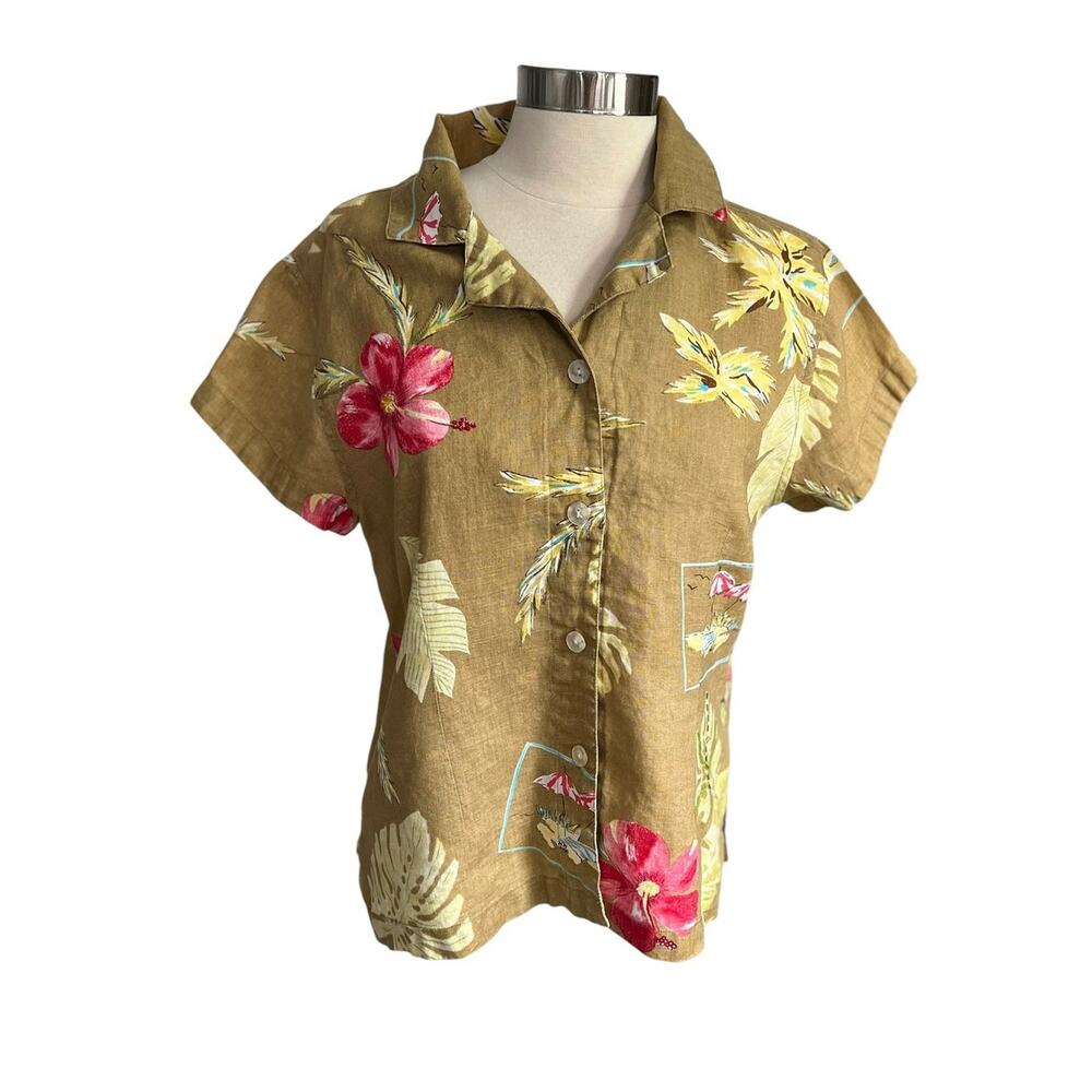 Vintage John Paul Richard 100% Linen Floral Hibiscus Buttoned Shirt Size Small